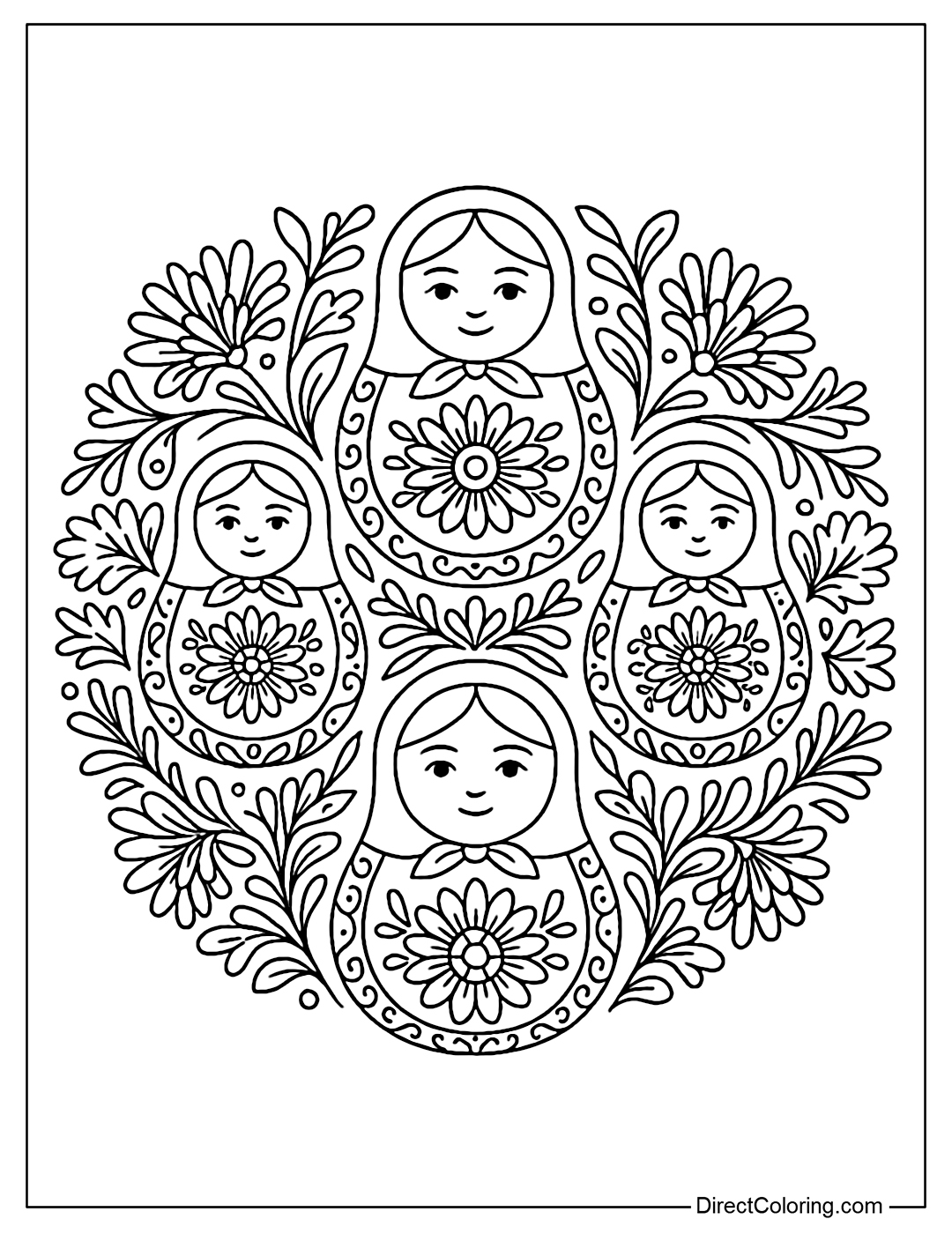 Matryoshka dolls mandala coloring page with ancient Russian patterns.
